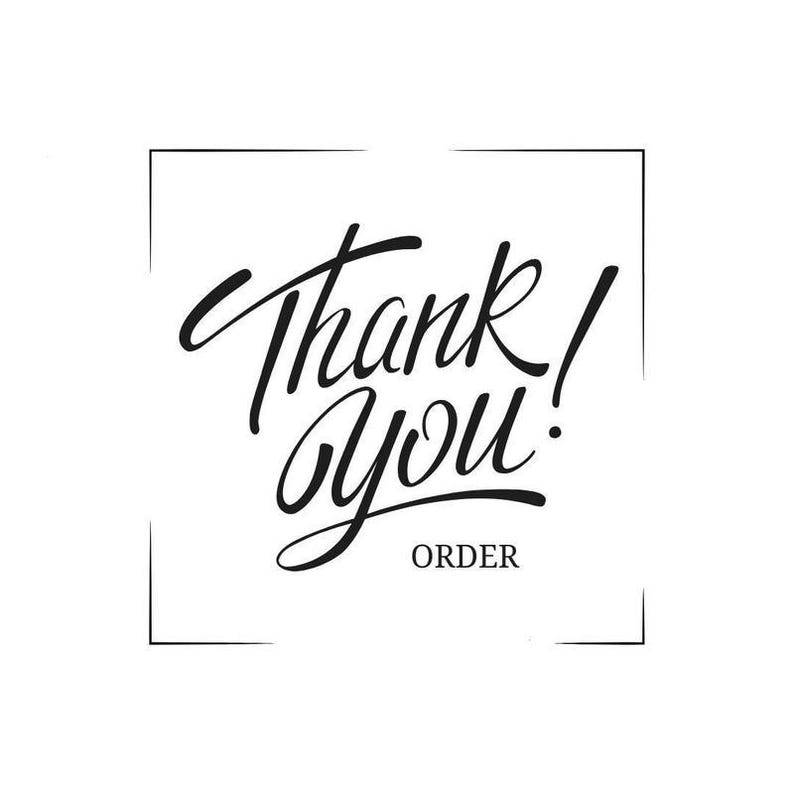 May include: A square graphic design featuring a thin black border enclosing the black handwritten script text Thank You followed by the word ORDER in a smaller sans-serif font. The design is set against a plain white background.