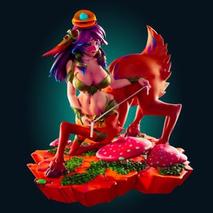 May include: A fantasy figurine of a centaur-like creature with a human upper body and a horse-like lower body. The figurine has a red and orange colour scheme with green accents, and is posed on a red platform with mushrooms.