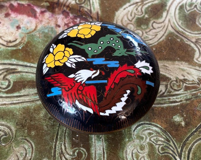 Vintage Chinese Cloisonné Enamel Trinket Box Black Floral Bird Design 5.5cm