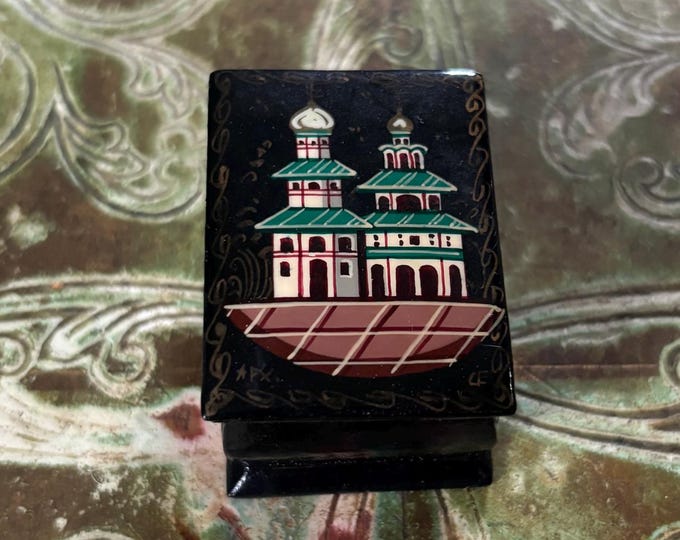 Vintage Russian Lacquer Miniature Box Hand Painted Church Architectural Scene