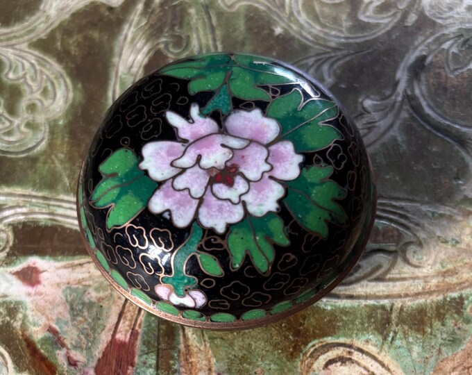 Vintage Chinese Cloisonné Trinket Box Pink Peony Black Enamel 5.3cm
