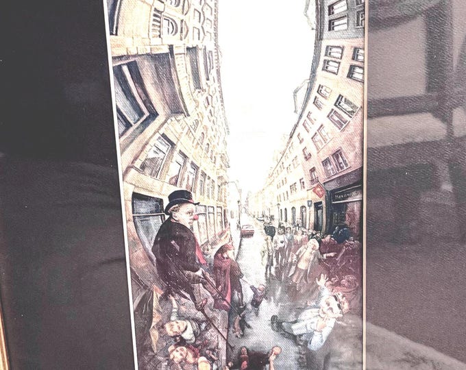 Signed Surreal Street Scene Print Framed Contemporary Outsider Art Distorted Cityscape Urban Wall Decor