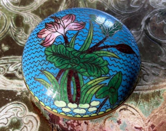 Vintage Chinese Cloisonné Trinket Box Turquoise Blue Floral Lotus Enamel 7cm