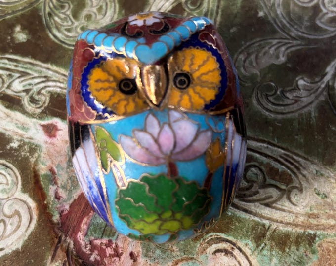 Chinese Cloisonné Owl Trinket Box Enamel Lotus Floral Bird Figurine 6cm