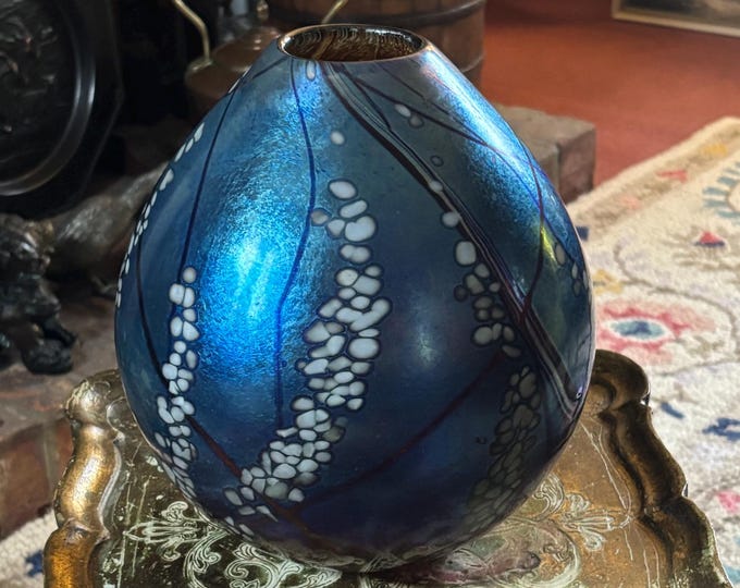 Siddy Langley 1999 Signed Iridescent Blue Studio Art Glass Vase British Hand Blown