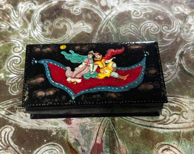 Vintage Russian Lacquer Miniature Box, Hand Painted Fairy Tale Scene, Signed