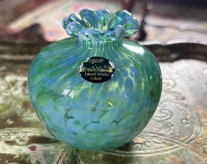 Vintage Guernsey Island Studio Glass Posy Vase Blue Green Flower Rim