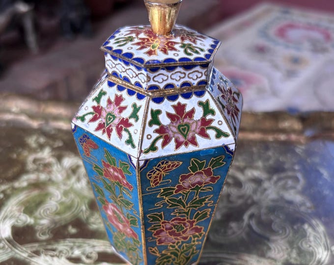 Vintage Chinese Cloisonné Lidded Pot Hexagonal Enamel Box Floral Butterfly Design Brass & Enamel Decor