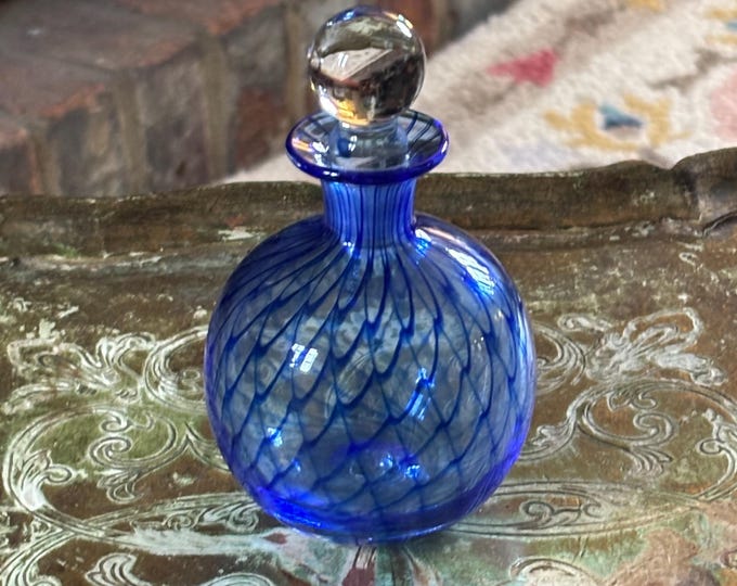 Vintage Blue Art Glass Perfume Bottle with Clear Glass Stopper, Hand Blown Cobalt Blue Trailing, Venetian Style Scent Bottle