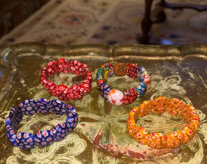 Millefiori Glass Stretch Bracelet, Floral Cane Panels, Expandable Jewelry