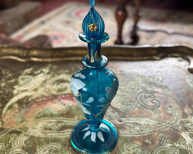 Vintage Egyptian Style Blue Glass Perfume Bottle Hand Painted Floral Gilt Dauber