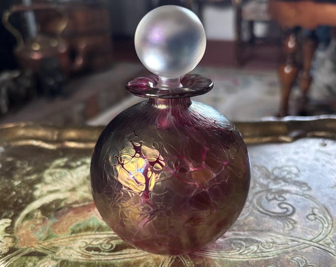 Vintage Isle of Wight Studio Glass Perfume Bottle Iridescent Pink Gold Stopper