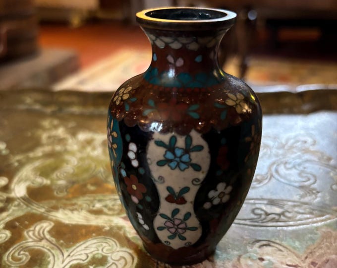Antique Japanese Cloisonné Miniature Vase Floral Enamel Meiji Taisho 9cm