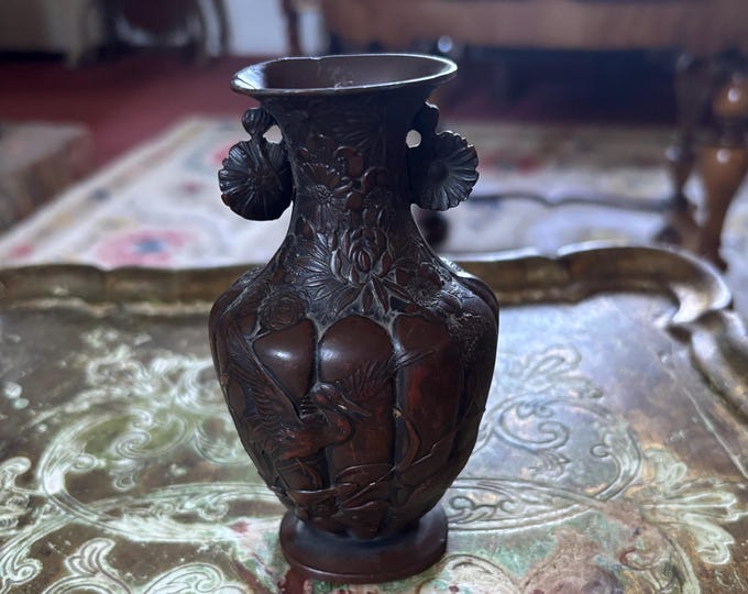 Japanese Meiji Bronze Vase with Cranes, Bamboo & Flowers, Antique c1890