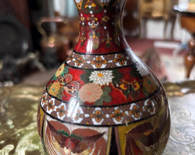 Antique Japanese Cloisonné Vase Meiji Period Phoenix Hō-ō Birds Flowers c1890