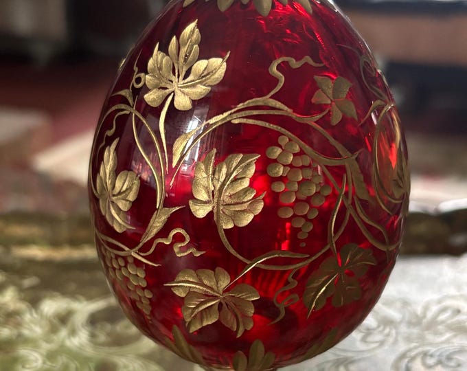 Vintage Bohemian Ruby Red Glass Egg Gilt Grapevine Floral Decor Ornate Stand