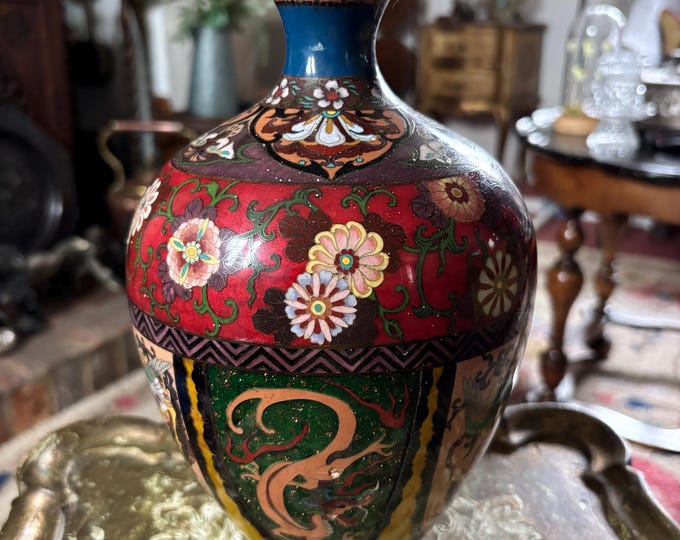 Antique Japanese Meiji Cloisonné Vase c.1890, Dragon & Phoenix, 24cm