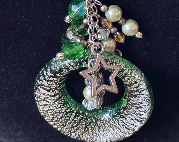 Green Foil Art Glass Pendant Necklace Beaded Star Charm Boho Statement Jewellery