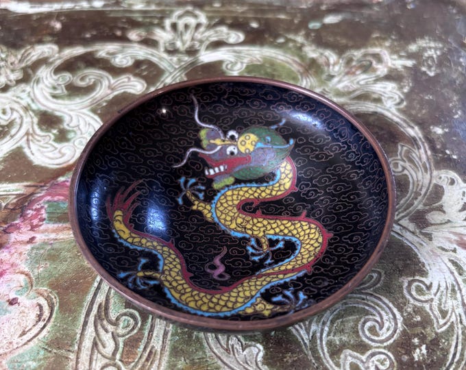 Antique Chinese Cloisonné Dragon Dish, Republic Period Enamel Bowl (9cm)