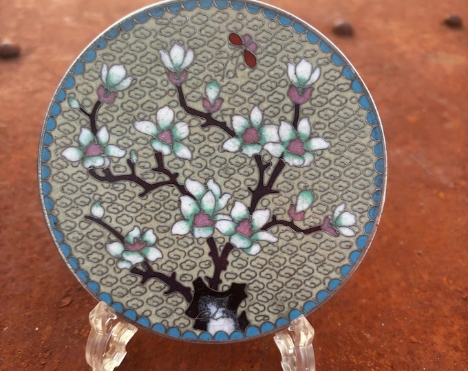 Antique Japanese Meiji Cloisonné Enamel Dish | Blossom Tree & Butterfly | Fine Wirework | c.1890-1910 | 10.5cm