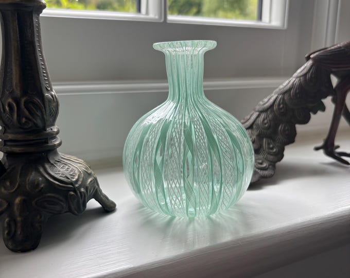 Vintage Murano Style Zanfirico Filigrana Art Glass Bud Vase Blue White 10.5cm
