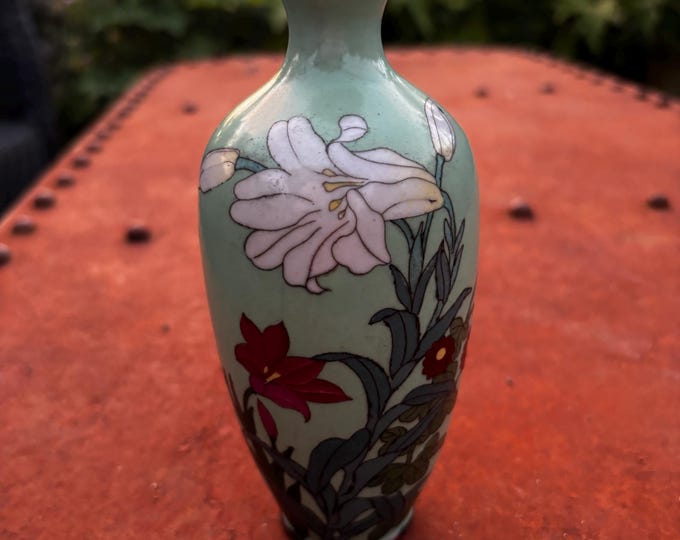 Antique Japanese Cloisonné Vase: Meiji Lily Floral Cabinet Enamel (16cm)