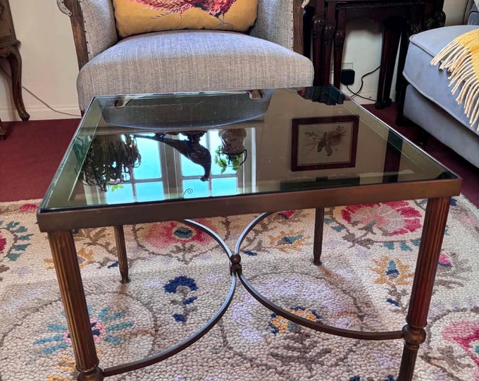 Vintage French Brass Smoked Glass Side Table | Hollywood Regency Style 1970