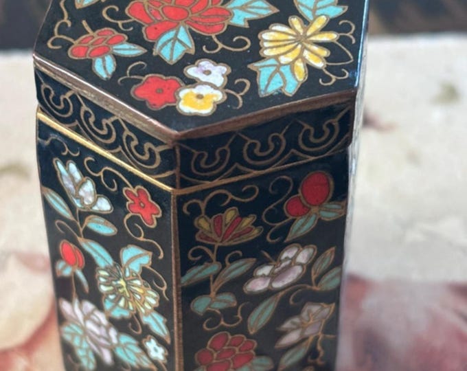 Vintage Cloisonné Enamel Hexagonal Trinket Box | Brass Floral Jewellery Holder