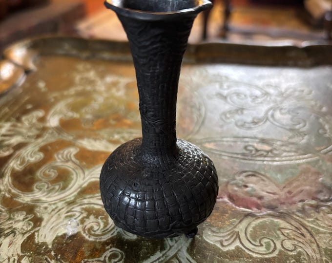 Antique Japanese Bronze Miniature Vase, Basket Weave Floral Design, Meiji Taisho