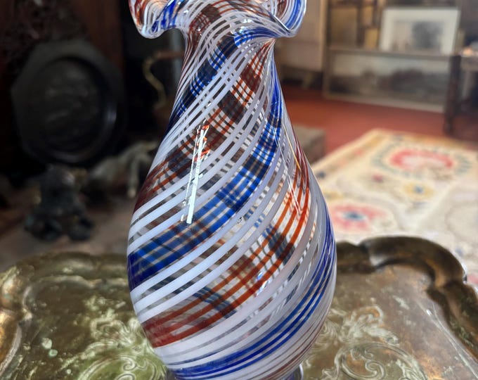 Vintage Hand Blown Filigree Glass Vase Red White Blue Spiral Ruffled Rim 19cm
