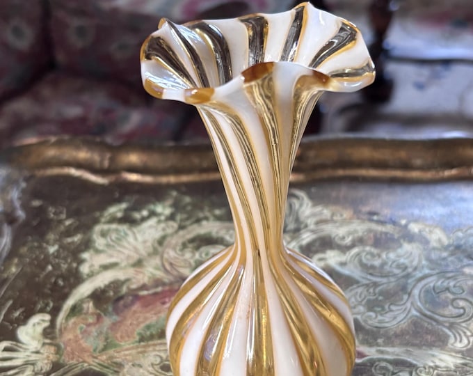 Vintage Venetian Art Glass Vase, Hand Blown White Amber Spiral, 12cm Cabinet Vase