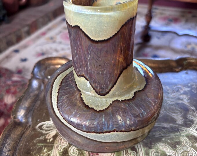 Signed Mdina Glass Vase Earthtones Studio Art Glass Malta Iridescent Brown Cream 18cm