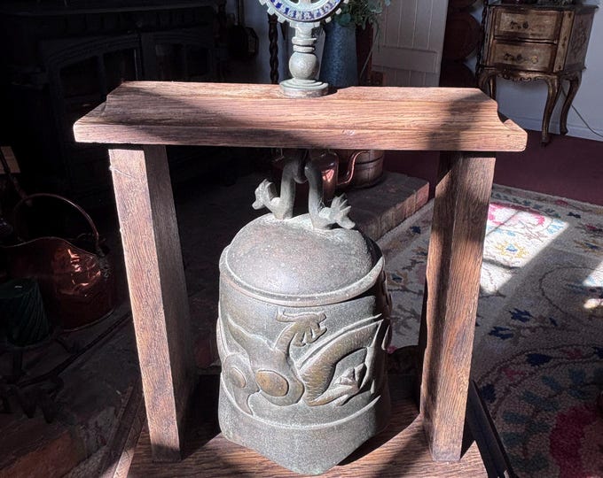 Antique Dragon Temple Bell Sculpture, Antique Wooden Stand, Asian Wabi Sabi Decor