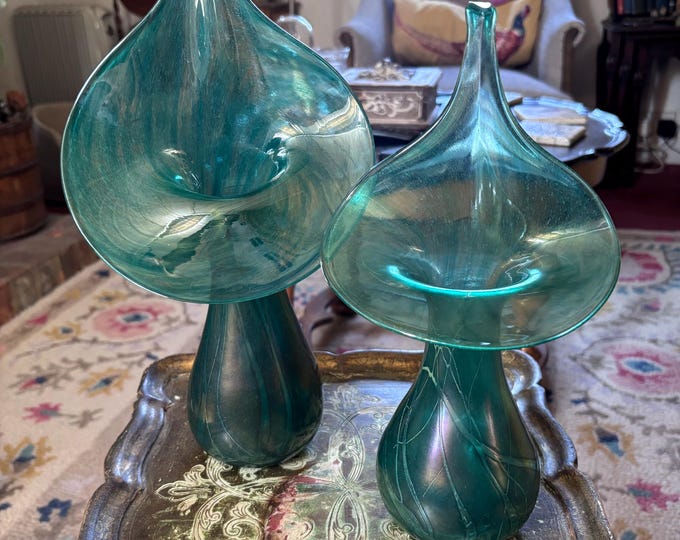 Alum Bay Glass Sculptural Vases: Aqua Teal Hand-Blown Studio Art Glass Pair