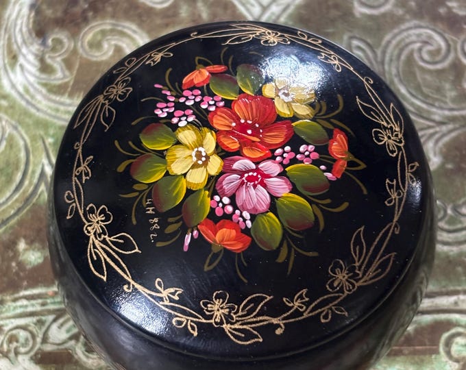Vintage Soviet Russian Lacquer Trinket Box Hand Painted Floral Signed 1988