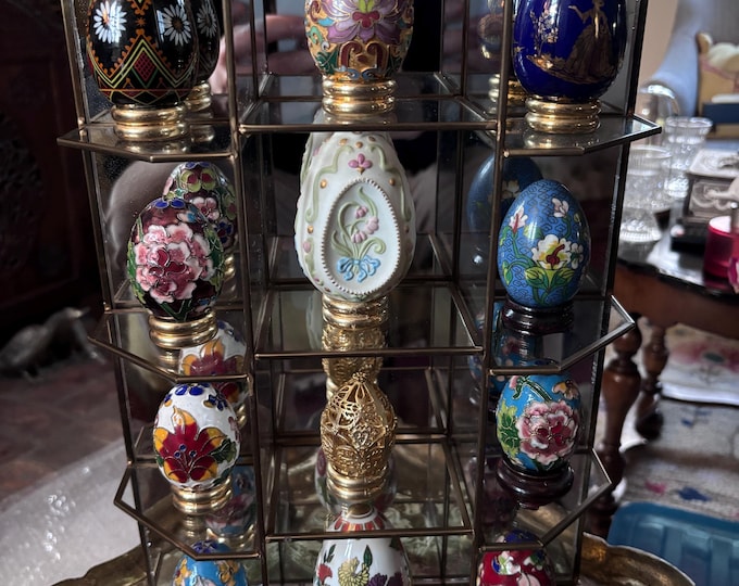 Vintage Cloisonné Egg Collection Display | Fabergé Style Enamel Eggs, Brass Cabinet