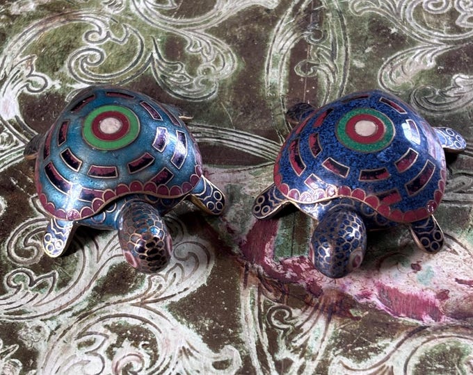 Vintage Cloisonné Enamel Turtle Trinket Boxes | Blue Brass Tortoise Keepsake Pair