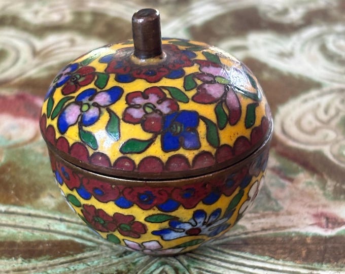 Vintage Miniature Cloisonné Enamel Lidded Pot Yellow Floral Trinket Box
