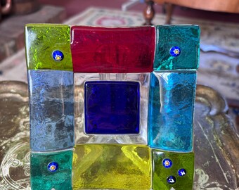 Piatto porta-spilli vintage Ercole Moretti Murano Millefiori in vetro fuso, raro, con motivo geometrico M & V, 12 cm.