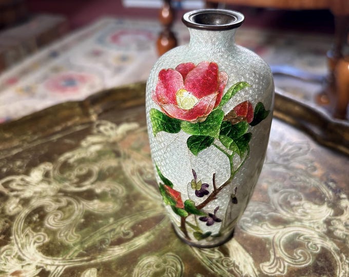 Antique Japanese Ginbari Cloisonné Vase | Silver Foil Floral Enamel c.1900-1930