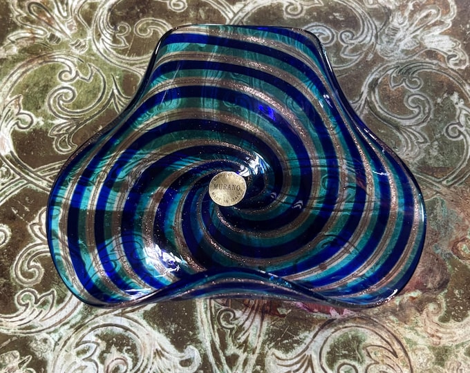 Vintage Murano Glass Bowl Blue Turquoise Aventurine Swirl Italian Art Glass