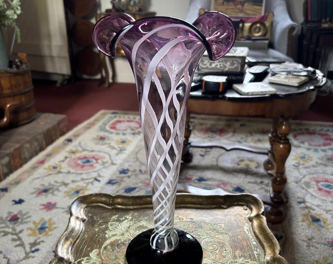 Large Vintage Hand Blown Art Glass Vase Amethyst Pink White Latticino Ruffled Rim 31cm
