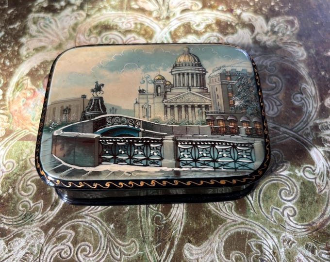 Russian Lacquer Box: St Isaac’s Cathedral St Petersburg, Mikheev Hand Embellished
