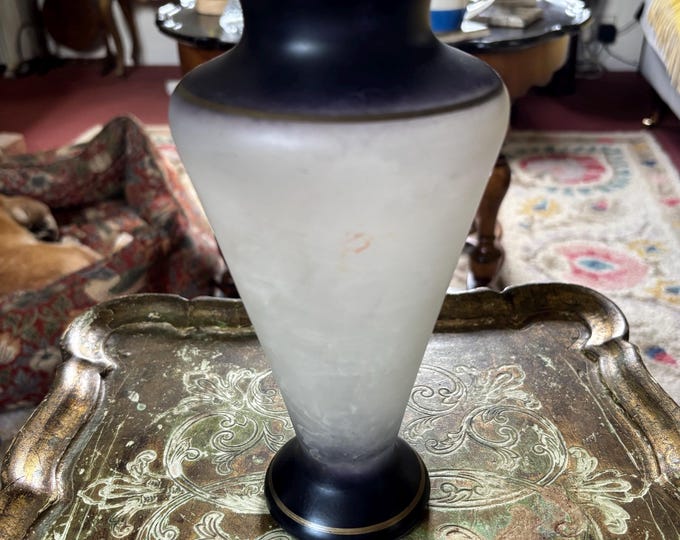 Vintage Art Deco Satin Glass Vase Frosted White Dark Blue Gold Trim 21cm
