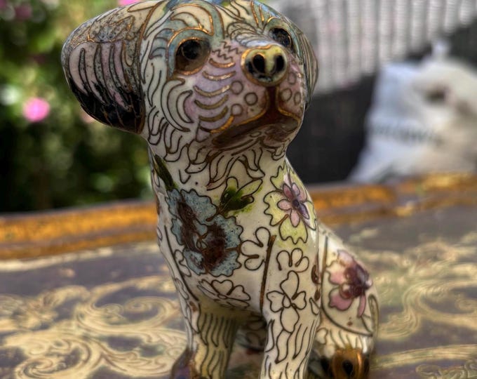 Vintage Cloisonné Enamel Dog Figurine Floral Pastel Puppy Ornament
