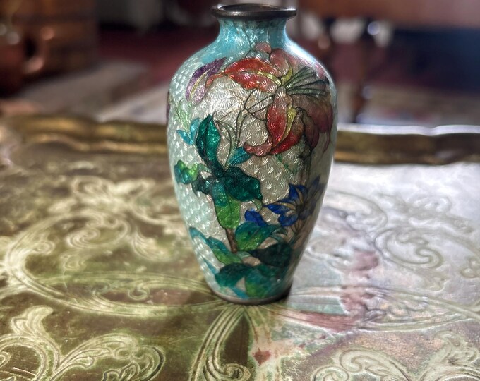 Antique Japanese Ginbari Cloisonné Miniature Vase | Floral Silver Foil Enamel