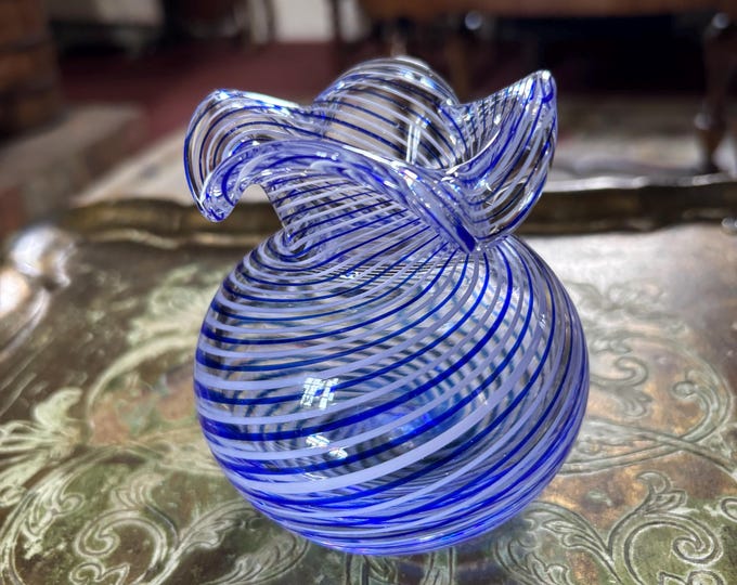 Vintage Hand Blown Art Glass Vase Blue White Spiral Filigrana Ruffled Rim