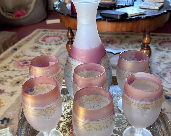 Vintage Hebron Israeli Hand Blown Glass Decanter & 6 Goblets Frosted Iridescent Art Glass Wine Set