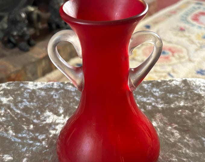 Vintage Bohemian Ruby Art Glass Vase, Frosted Scroll Handles, Art Deco Hand Blown (16cm)