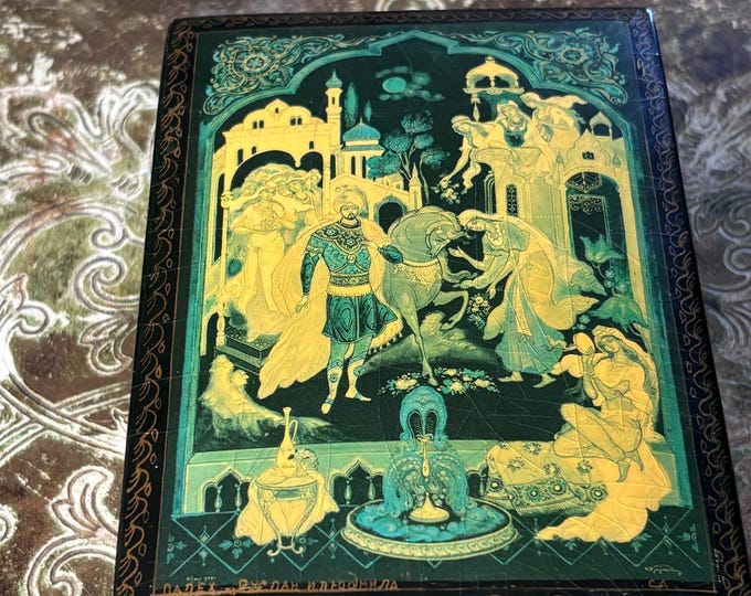 Vintage Russian Lacquer Box 1983 Ruslan & Lyudmila Signed Hand Painted Soviet Era